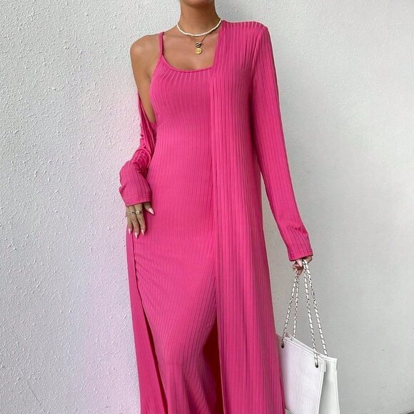 Pink Casual Womens Solid Cami Dress & Open Front Coat - Picture 3 of 5